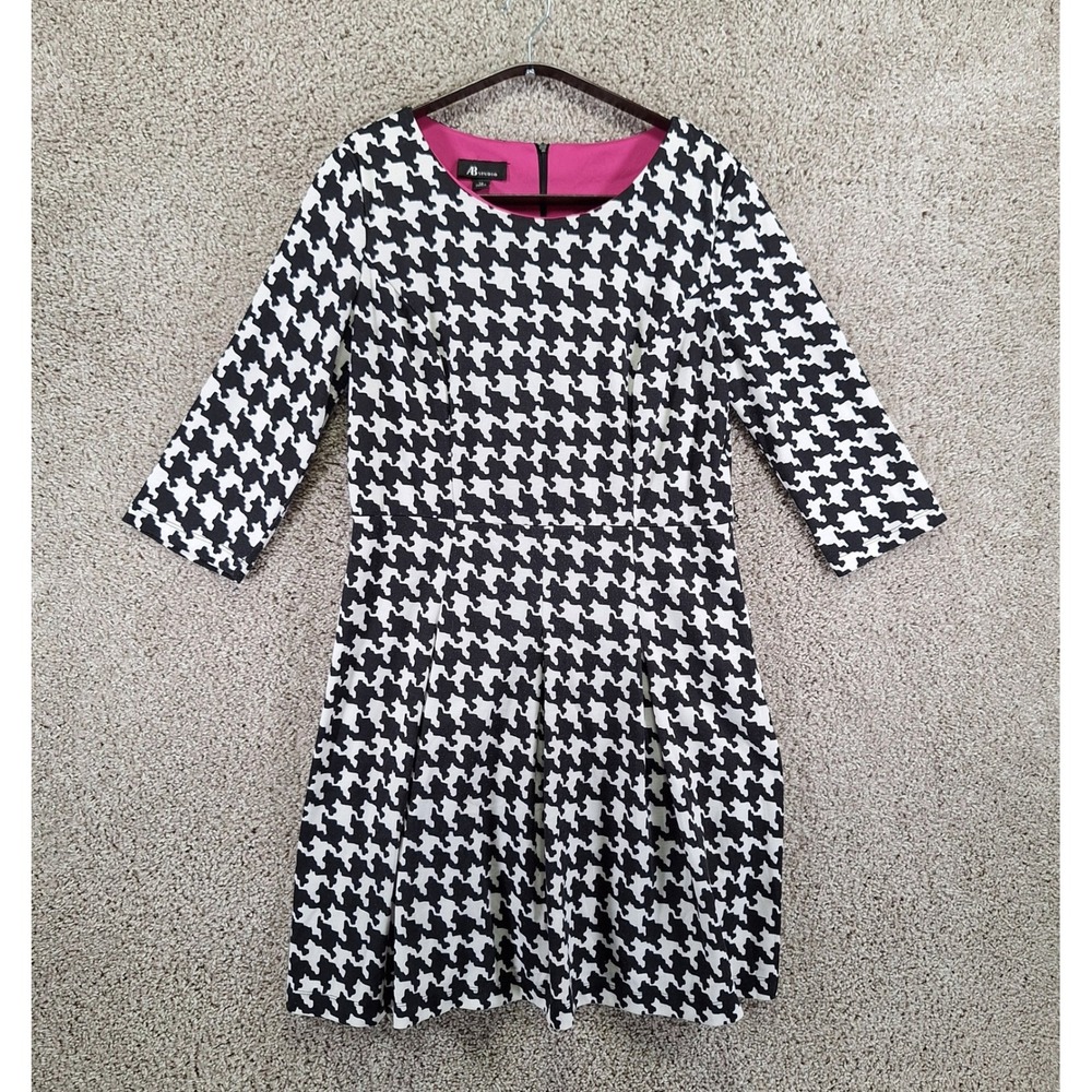 AB Studio Fit & Flare Dress Womens 14 Black White 3/4 Sleeve Stretch Office